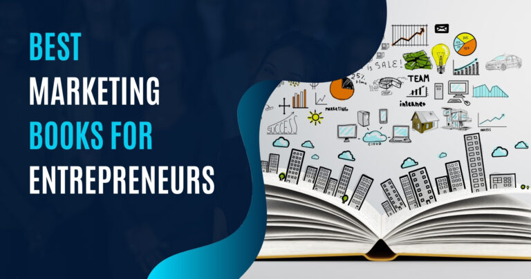 The image features an open book with illustrations of marketing concepts like graphs, charts, light bulbs, and buildings, accompanied by the text "Best Marketing Books for Entrepreneurs" in bold letters.